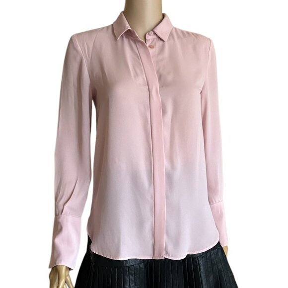 🎄 MANGO 🛍️WOMEN'S BUTTON DOWN SHEER LIGHT PINK SHIRT 🎁 PRETTY FLARED CUFFS XS - Picture 3 of 5